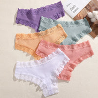 FINETOO 4PCS Sexy Lace Cotton Panties Women Brazilian Panties Ladies Sexy Low Waist Elastic T-Back Bikini Solid Soft Lingerie