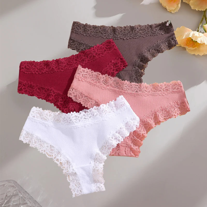 4-Pack Lace & Cotton Bikini Panties – Low-Rise, Soft & Breathable Women's Underwear