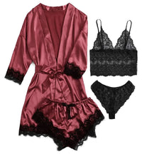 Conjunto Pijama Sexy 4 Piezas con Encaje - Camisola, Shorts, Bata y Lencería Mujer