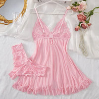 Conjunto de Lencería de Encaje 2 Piezas - Camisón Transparente con Sostén y Panty