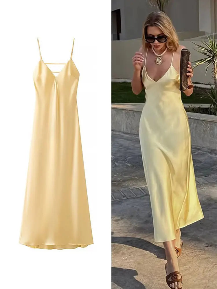 Vestido Satinado Amarillo Mujer - Maxi Vestido Cuello V Sin Mangas para Fiesta y Vacaciones