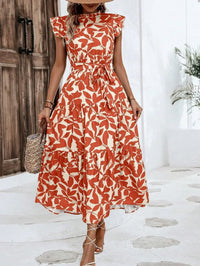 Floral Flying Sleeve Lace-Up Fairy Dress | A-Line Midi Women's Summer Dress