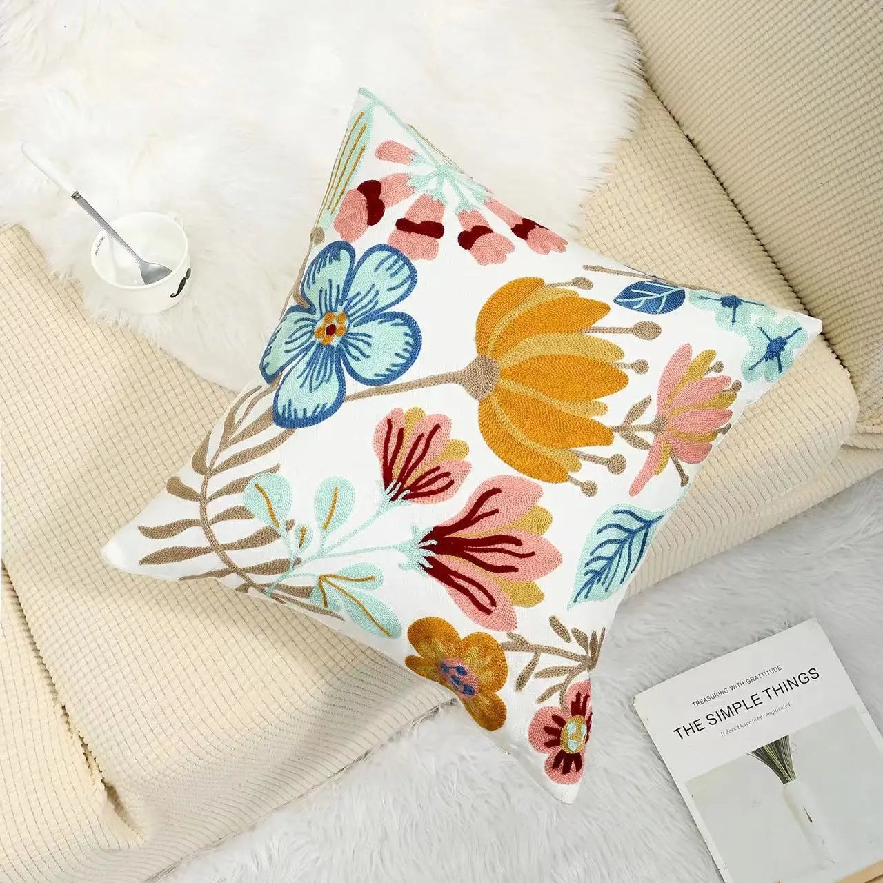 Floral Embroidered Cotton Pillow Cover - Rustic Decorative Cushion Case