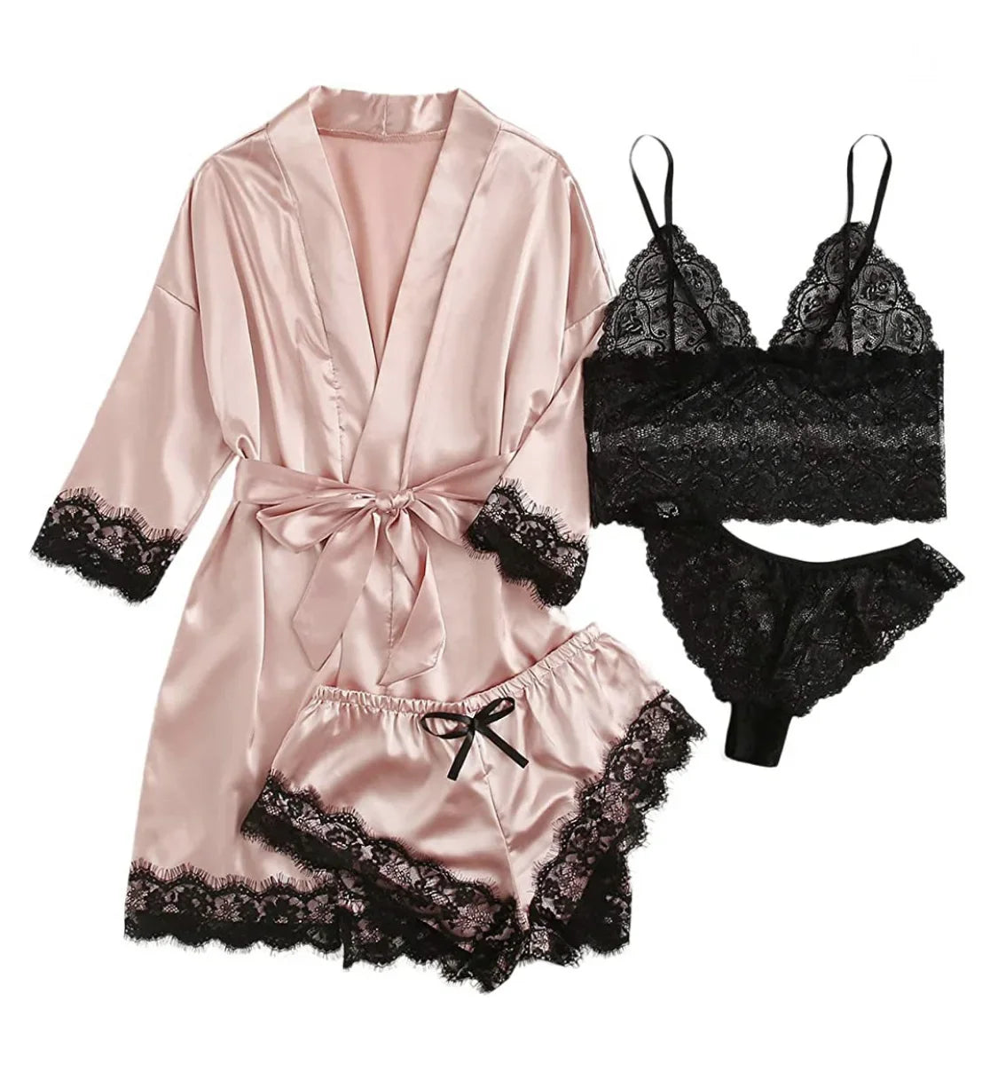 Conjunto Pijama Sexy 4 Piezas con Encaje - Camisola, Shorts, Bata y Lencería Mujer