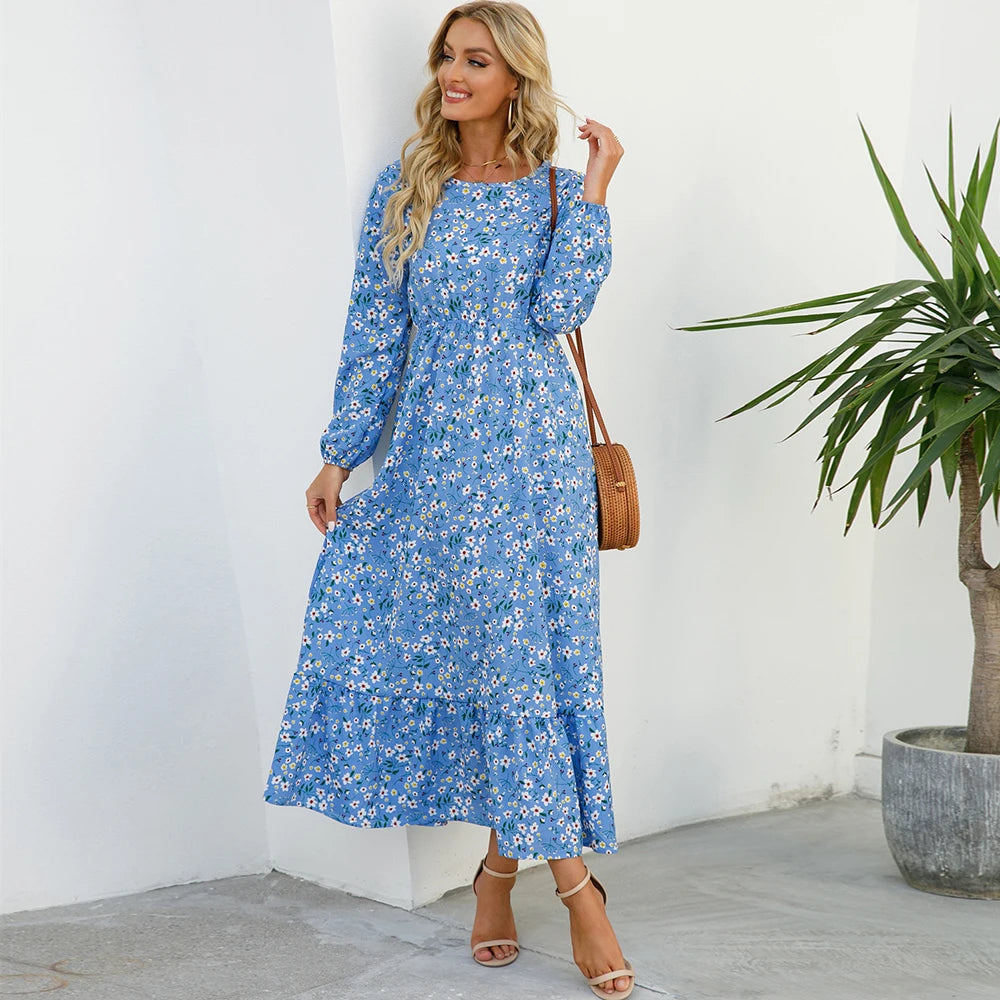 Vestido Maxi Mujer Bohemio - Manga Larga Cintura Alta Estampado Floral Chiffon Playa