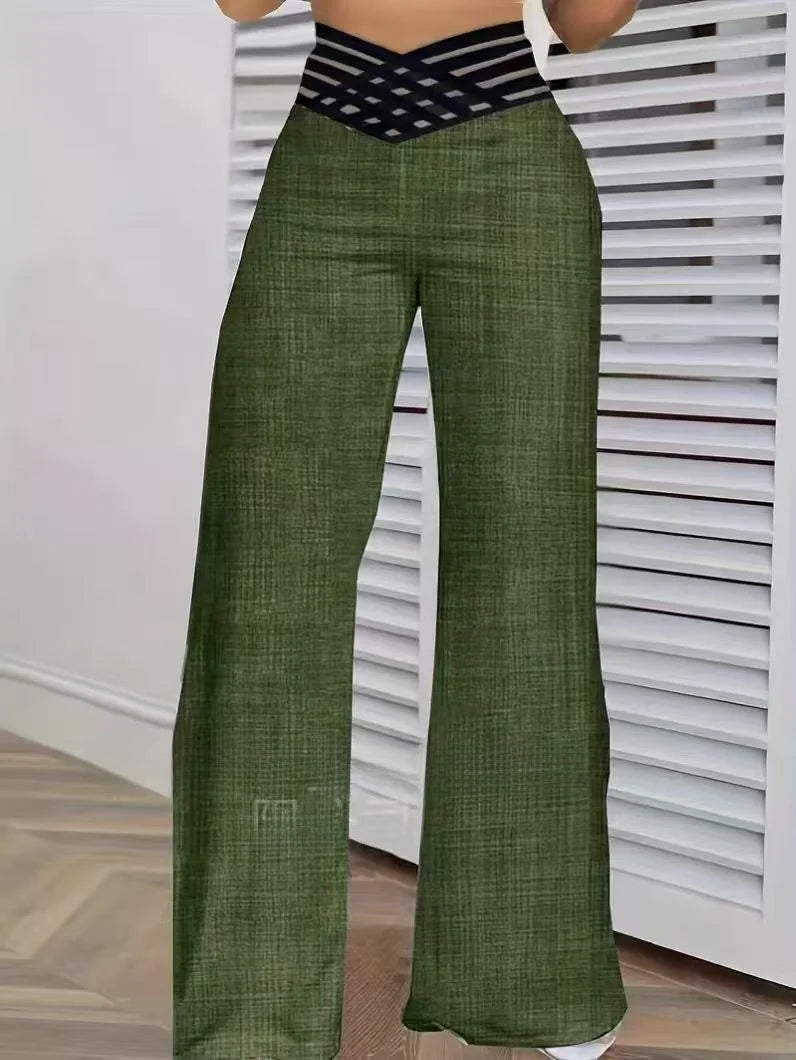 High Waist Loose Long Pants Wide Leg Pants Hollow out Belt Casual Loose Fit Ladies Fashion Polyester Fiber Printed
