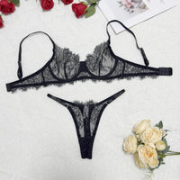 Conjunto de Lencería Sexy con Encaje Transparente - Sujetador Sin Relleno y Braguita