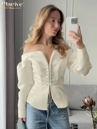 Blusa Elegante Beige con Cordones - Cuello Slash Manga Larga para Mujer