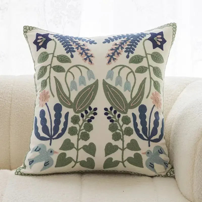 Floral Embroidered Cotton Pillow Cover - Rustic Decorative Cushion Case