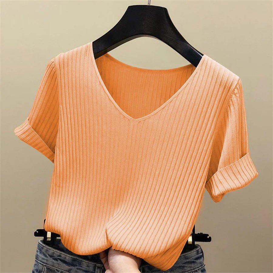 V-Neck Short Sleeve Knit Blouse – Solid High-Stretch Women's Pullover Top