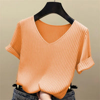 V-Neck Short Sleeve Knit Blouse – Solid High-Stretch Women's Pullover Top
