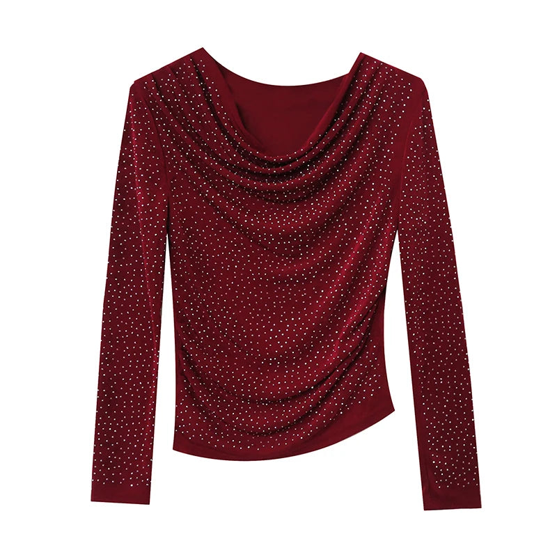 V-Neck Hot Diamond Long Sleeve T-Shirt | Slim Fit Shiny Women's Top