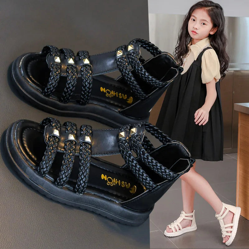Mumoresip Girls Roman Gladiator Sandals - Braided High-Top Summer Shoes