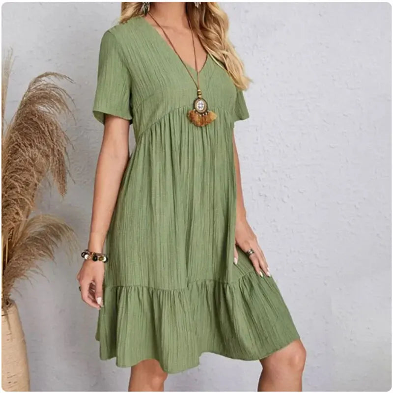 Vestido Peplum Mujer Verano - Cuello V Manga Corta con Volantes Cintura Suelta