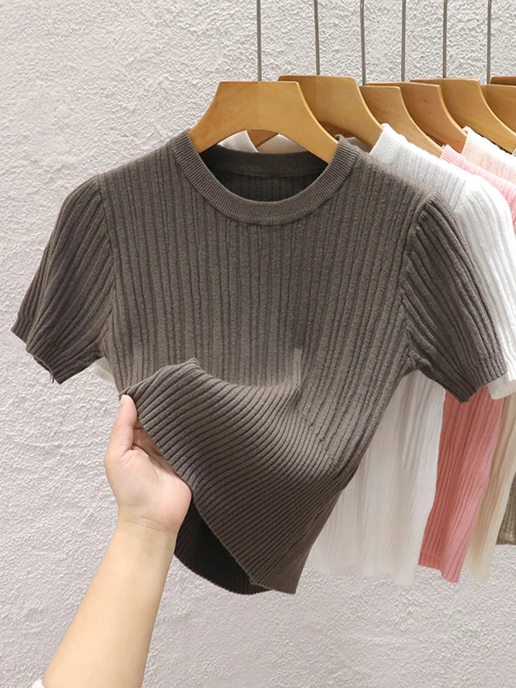 Korean Knit Slim Fit T-Shirt – Solid Color Short Sleeve Women's Streetwear Tee