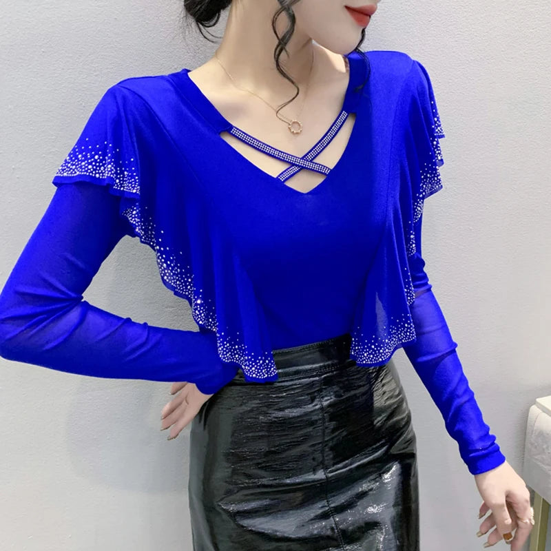 Korean Mesh Ruffle Top with Hot Diamonds | Long Sleeve Slim Fit Women's Shirt