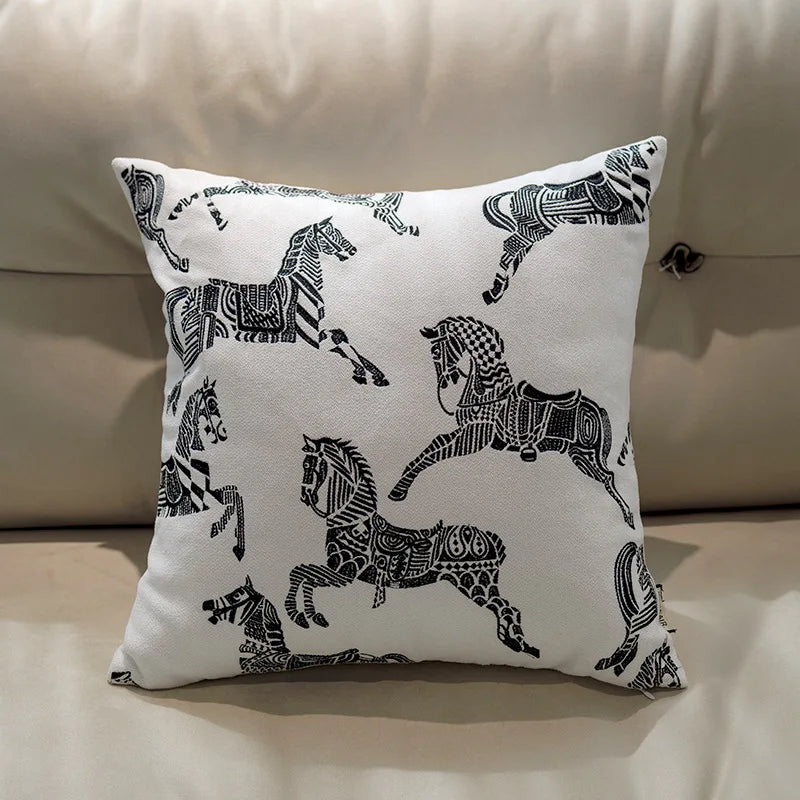 Retro Horse Jacquard Cushion Cover Set of 2 | Black White & Brown Sofa Pillow Cases