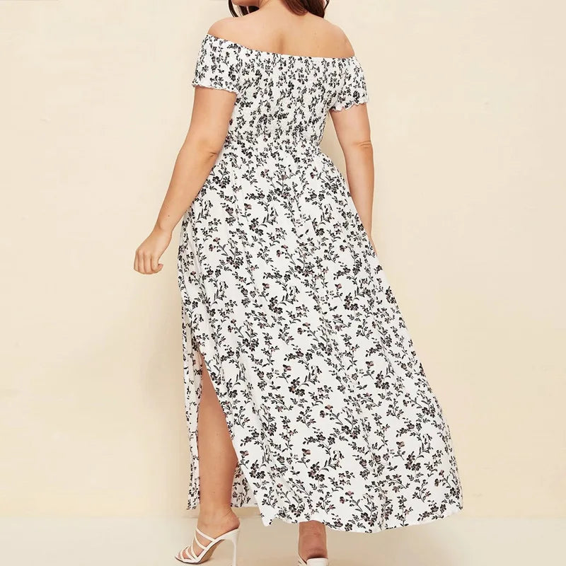 Boho Floral Off-Shoulder Split Maxi Dress | Elastic Waist A-Line Women's Summer Dress up to 4XL