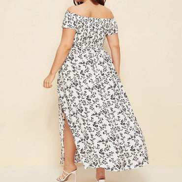Boho Floral Off-Shoulder Split Maxi Dress | Elastic Waist A-Line Women's Summer Dress up to 4XL