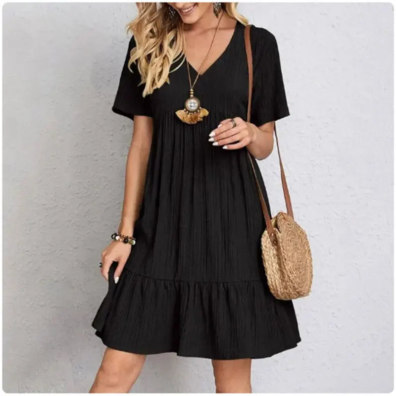 Vestido Peplum Mujer Verano - Cuello V Manga Corta con Volantes Cintura Suelta
