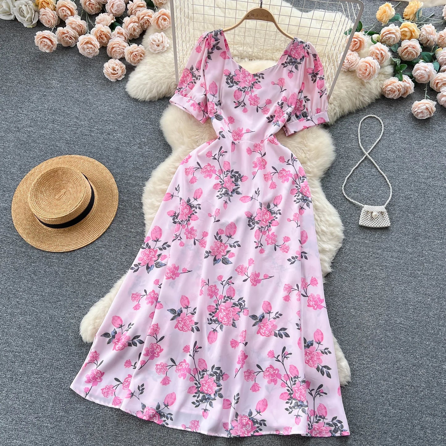 Contrast Color Print A-Line Midi Dress | Sweet High Waist Short Sleeve Women's Summer Dress