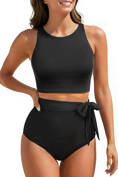 Women's High Waist Bandeau Bikini Set | Solid Color Sporty Swimwear | 2-Piece