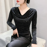 V-Neck Hot Diamond Long Sleeve T-Shirt | Slim Fit Shiny Women's Top