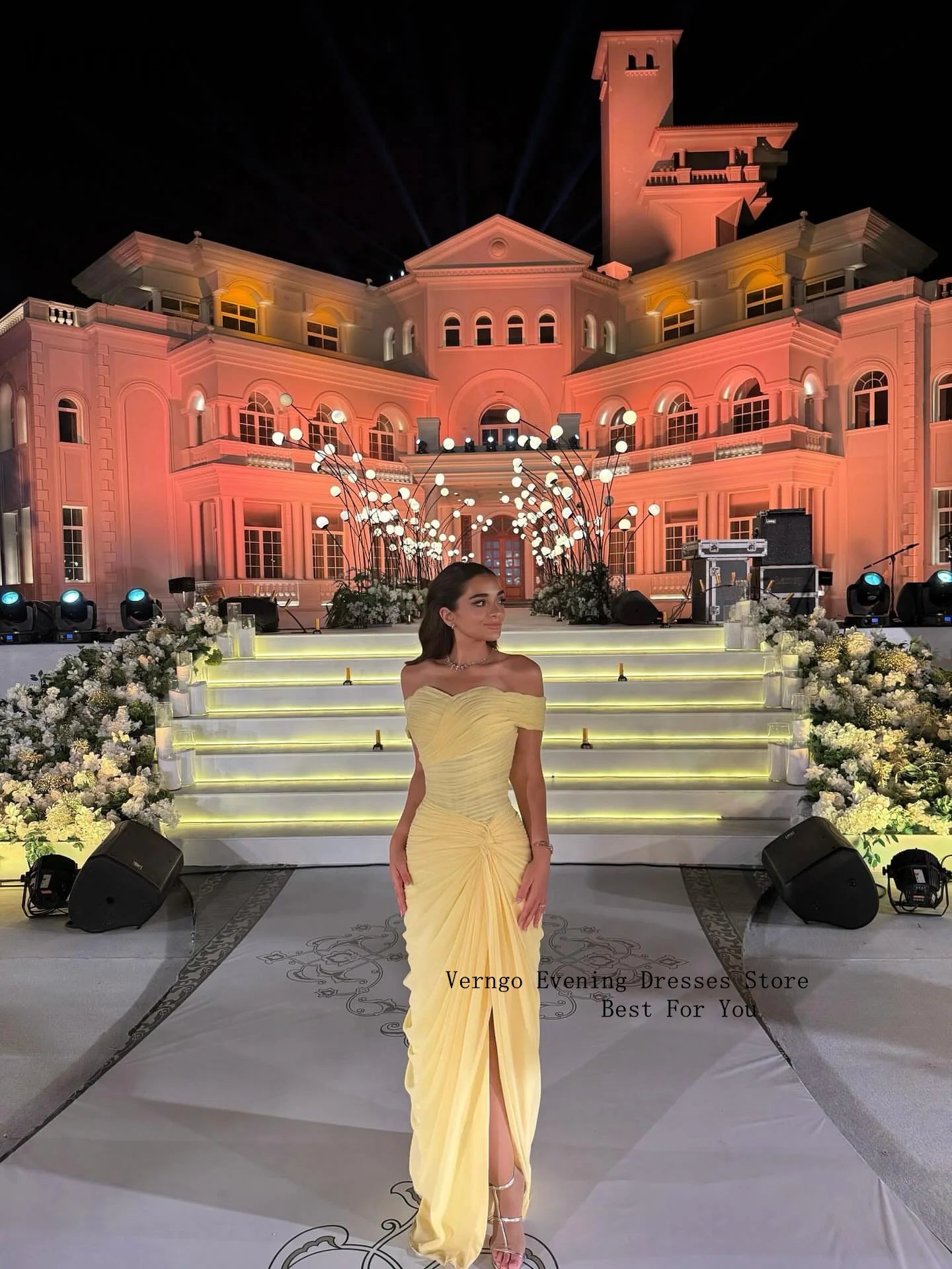 Verngo Yellow Chiffon Evening Dress - Off Shoulder Mermaid Gown with Slit
