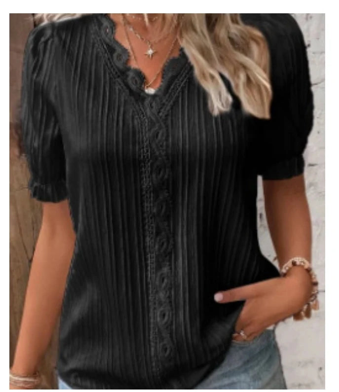 V-Neck Hollow Short Sleeve Blouse – Solid Chiffon Loose Fit Women's Top
