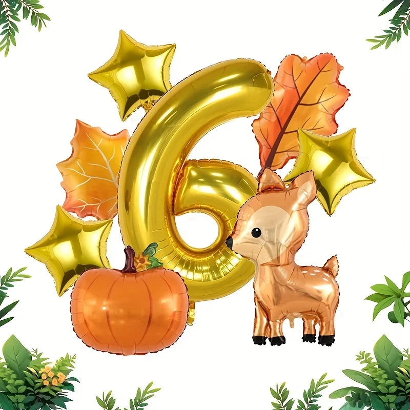 8Pcs Autumn Forest Animals Kids Birthday Party Decoration Fawn Maple Foil Balloon With 1-9 Number Balloon Thanksgiving Deco Gift