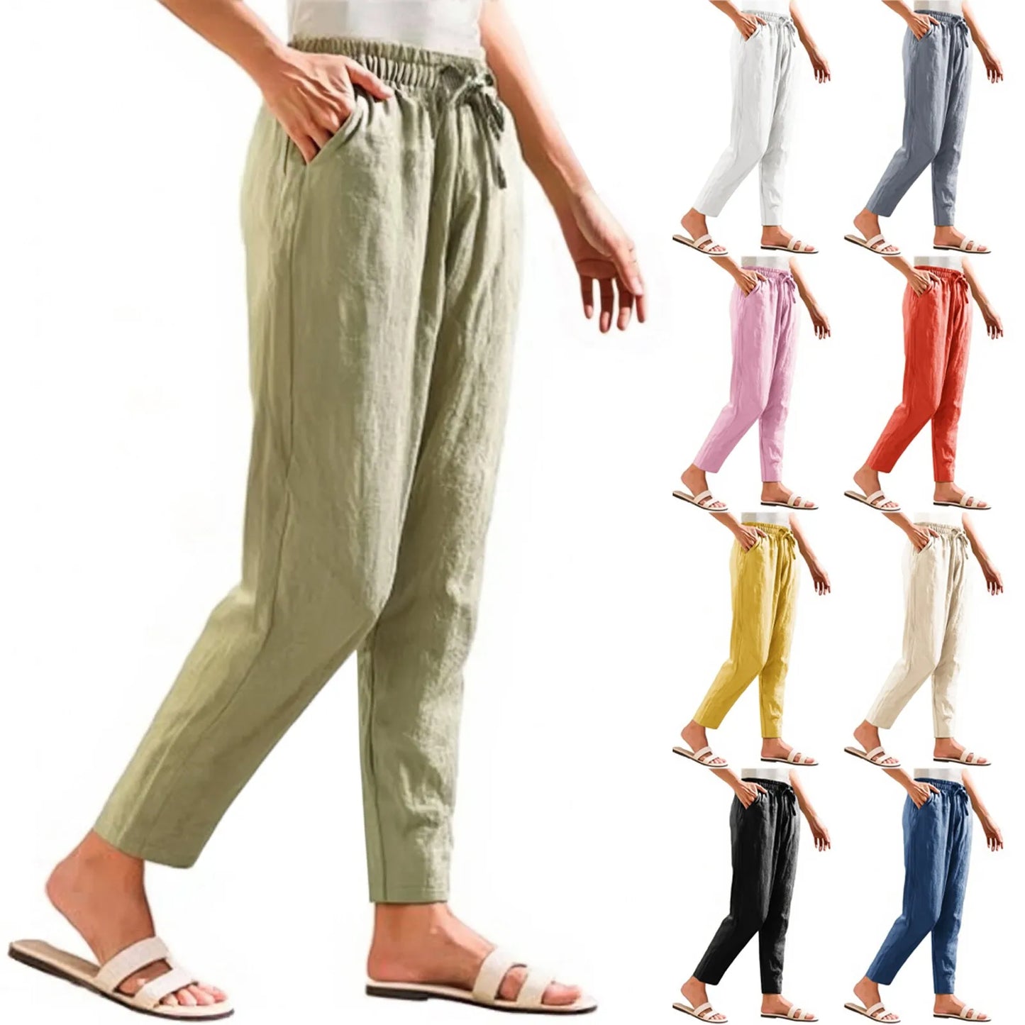 Women Cropped Pants Cotton Linen Baggy Trousers Drawstring Elastic Waist Pantalones Korean Fashion Solid Straight Pants штаны
