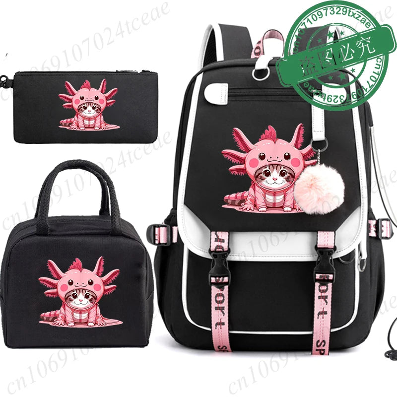 Mochila Escolar Anime Boba Axolotl con Lonchera y Estuche - Set 3 Piezas para Adolescentes