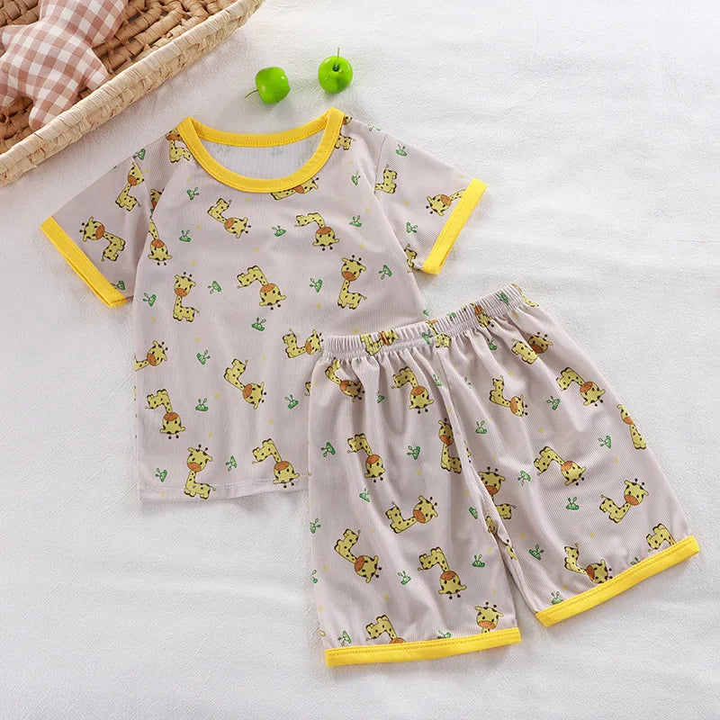 Kids Summer Animal Pajama Set - Short Sleeve Cartoon Sleepwear