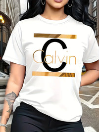 Letter Print Round Neck Short Sleeve T-Shirt – Minimalist Casual Women's Top