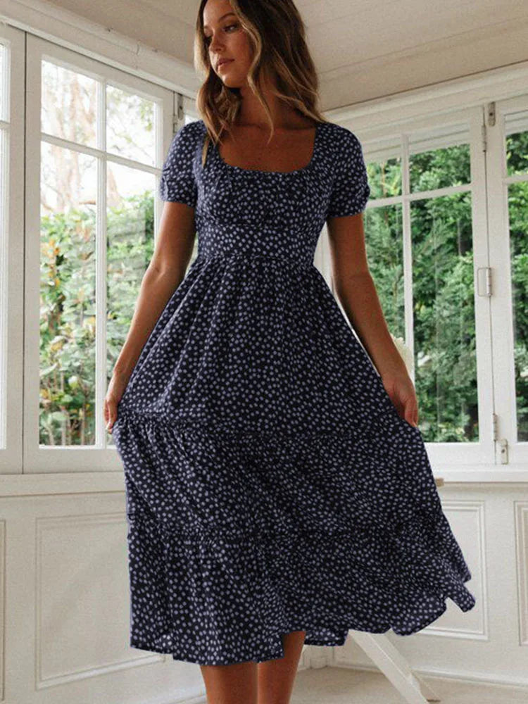 Floral Square Collar Puff Sleeve Midi Dress | A-Line Ruffle Women's Summer Party Dress
