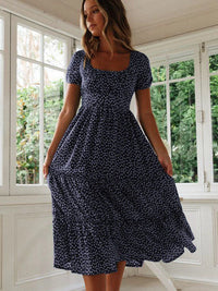 Floral Square Collar Puff Sleeve Midi Dress | A-Line Ruffle Women's Summer Party Dress