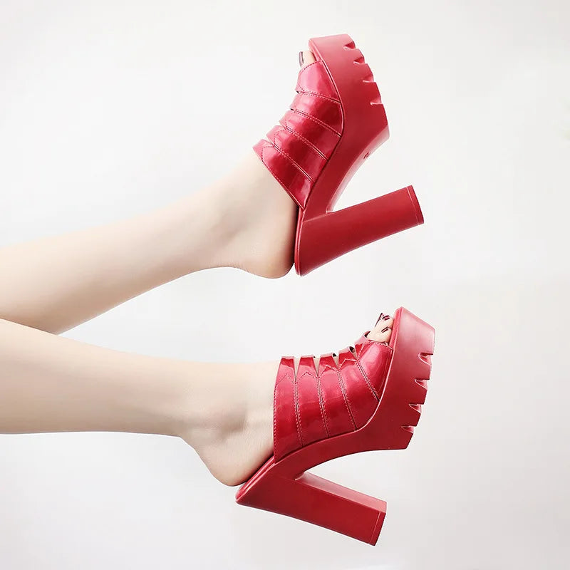 Big Size 32-43 Patent Leather Slippers Women Wedding Shoes Summer 2026 High Heels Slides Ladies Block Heel Platform Slippers