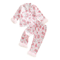 Children s Girls Holiday Pajama Set Festive Reindeer Print Long Sleeve Shirt with Cozy Elastic Waist Pants for Sleepwear