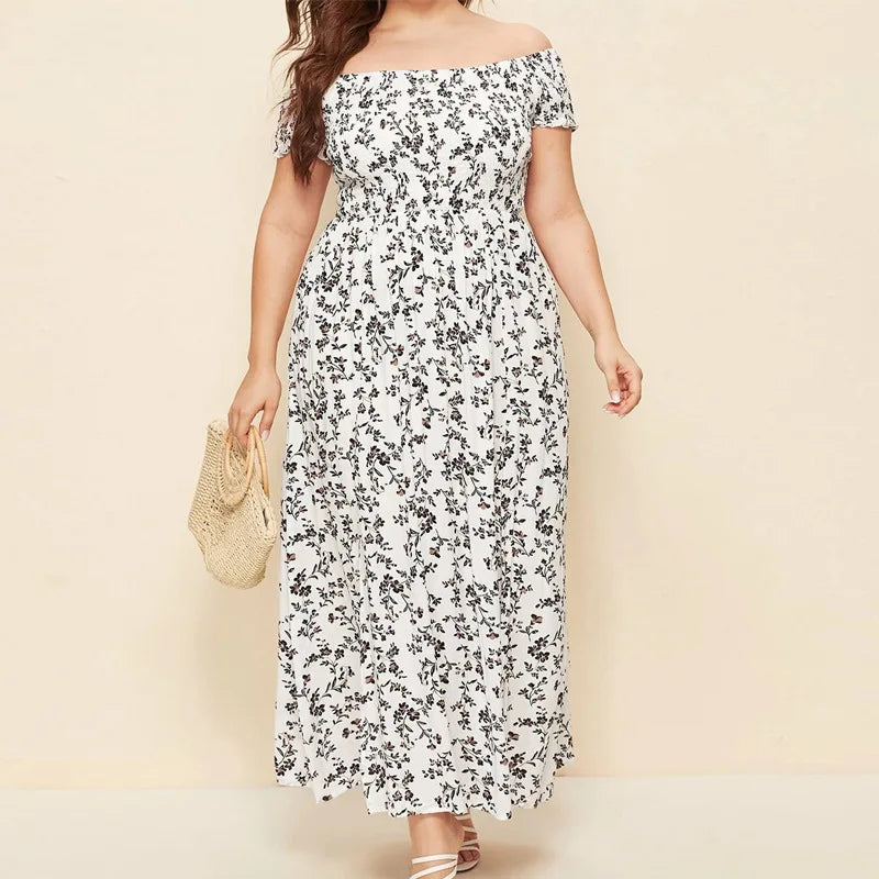 Boho Floral Off-Shoulder Split Maxi Dress | Elastic Waist A-Line Women's Summer Dress up to 4XL