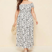 Boho Floral Off-Shoulder Split Maxi Dress | Elastic Waist A-Line Women's Summer Dress up to 4XL