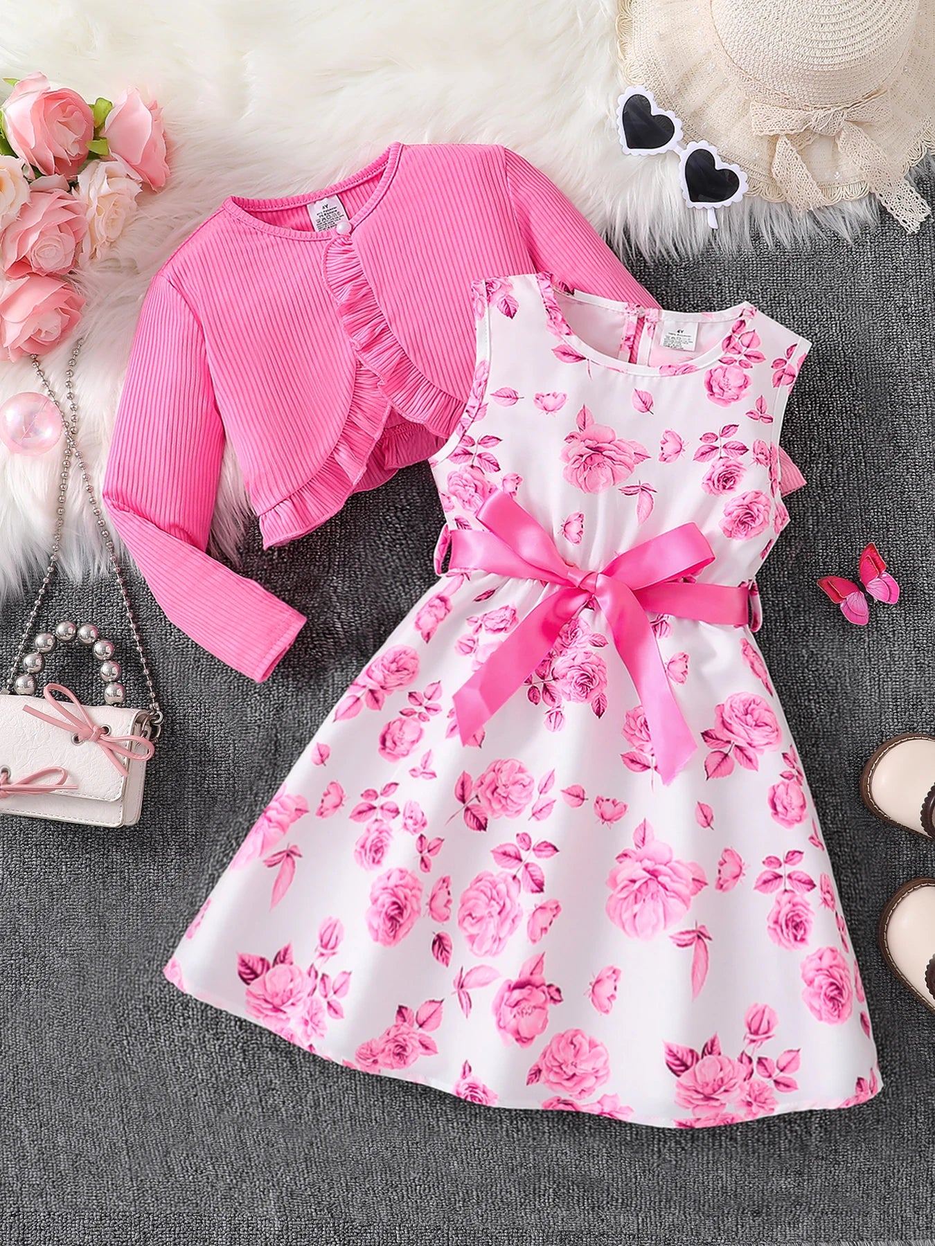 Girls Pink Floral 2-Piece Dress Set | Cute Vest & Skirt Outfit for Ages 4-8