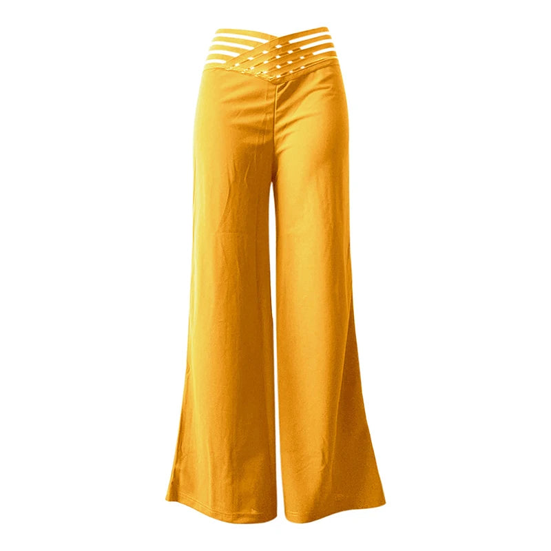Fashionable Trendy Women's Hollowed Out Waist Belt High Waisted Large Size Pants Casual Straight Tube Loose Wide Leg Pants