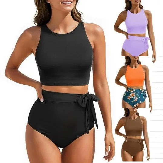 Women's High Waist Bandeau Bikini Set | Solid Color Sporty Swimwear | 2-Piece
