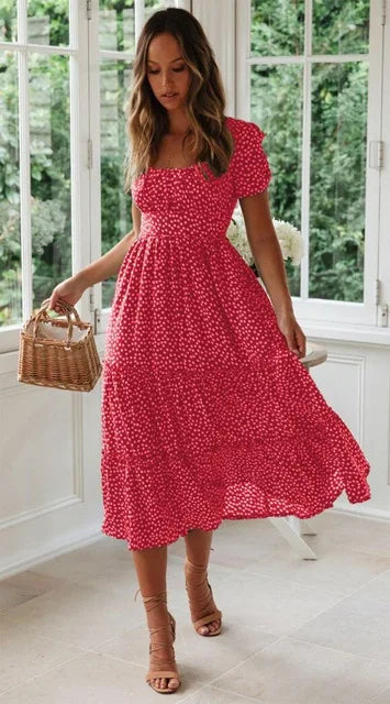 Vintage Dot Print Spaghetti Strap Midi Dress | Slim Empire Waist Women's Summer Beach Dress