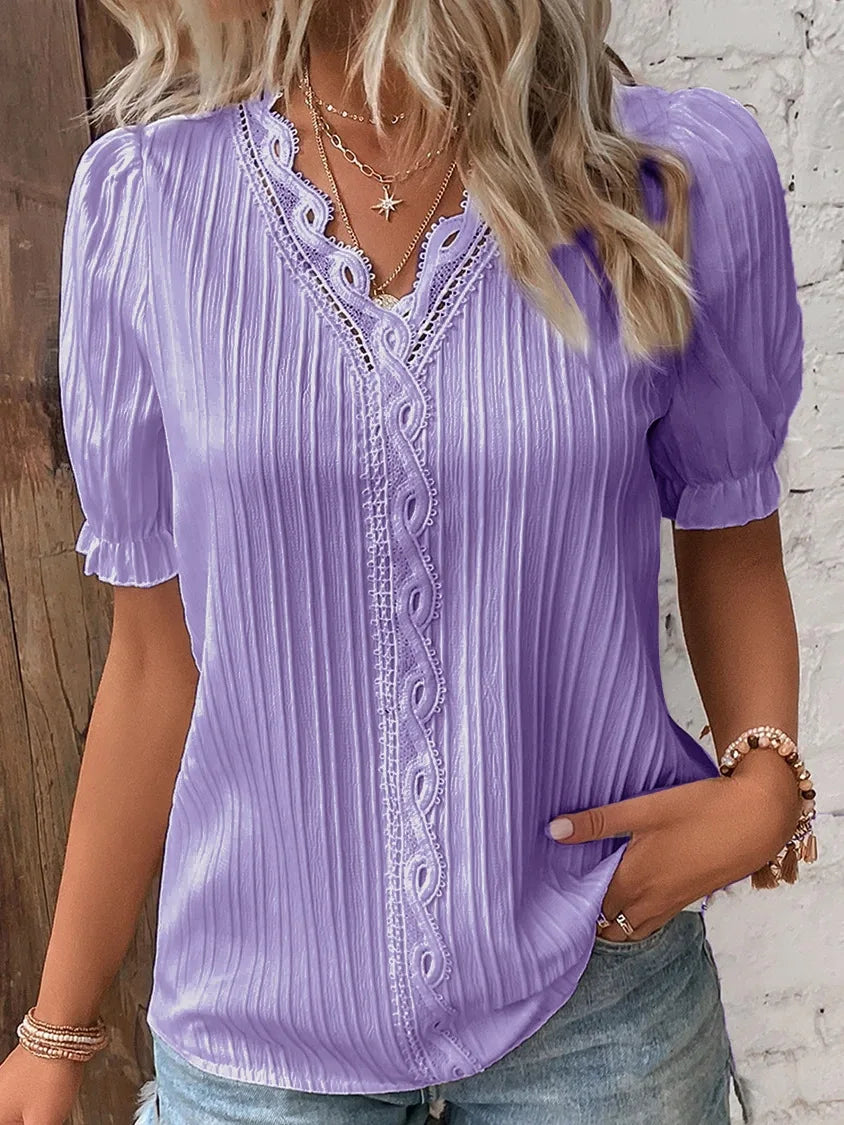 V-Neck Hollow Short Sleeve Blouse – Solid Chiffon Loose Fit Women's Top