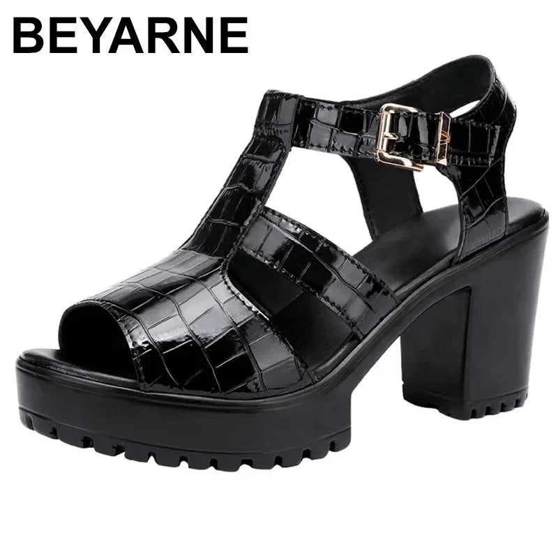 BEYARNE Patent Leather Block Heel Platform Sandals – Buckle Strap, High Heel | Women’s Sizes 3.5–15