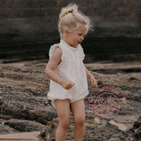 Baby Girls Vintage Linen & Cotton Ruffle Romper | Sleeveless Bodysuit, Ages 0–24M