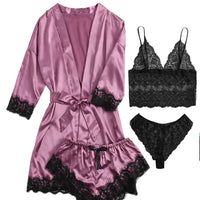 Conjunto Pijama Sexy 4 Piezas con Encaje - Camisola, Shorts, Bata y Lencería Mujer