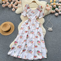 Contrast Color Print A-Line Midi Dress | Sweet High Waist Short Sleeve Women's Summer Dress