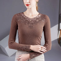 Embroidered Diamond Lace Long Sleeve Top – Loose Fit O-Neck Women's Tee